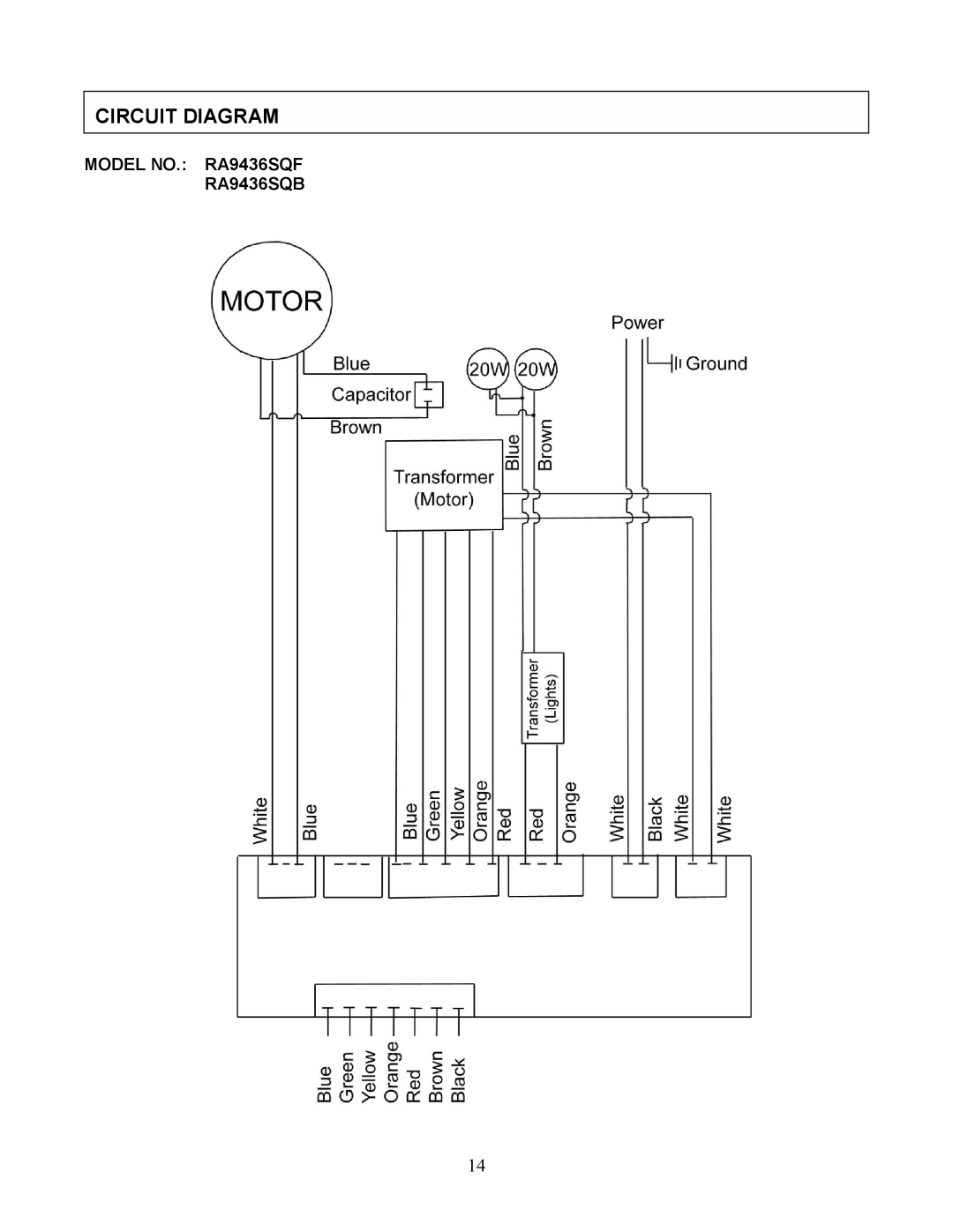 Kobe Range Hoods RA9436SQF, RA943SQB installation instructions Circuit Diagram 