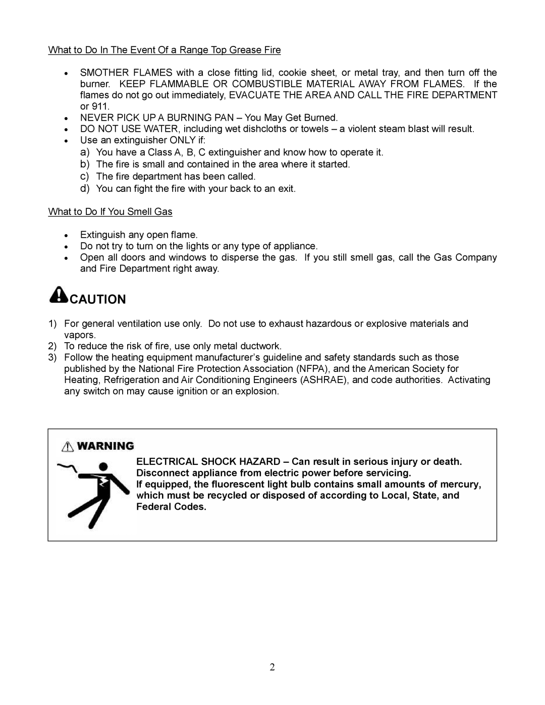 Kobe Range Hoods RA9436SQF, RA943SQB installation instructions What to Do In The Event Of a Range Top Grease Fire 