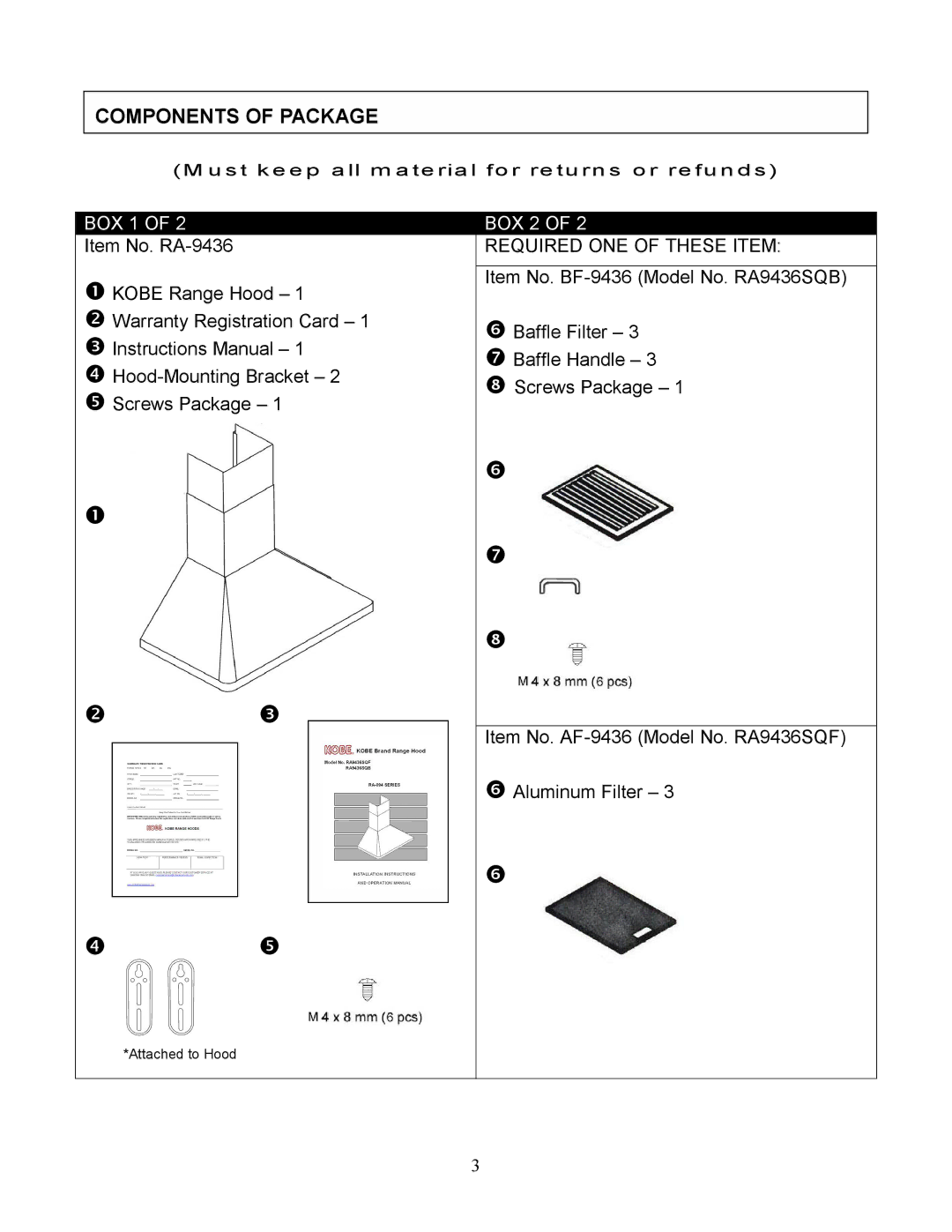 Kobe Range Hoods RA943SQB, RA9436SQF installation instructions Components of Package, BOX 1, BOX 2 