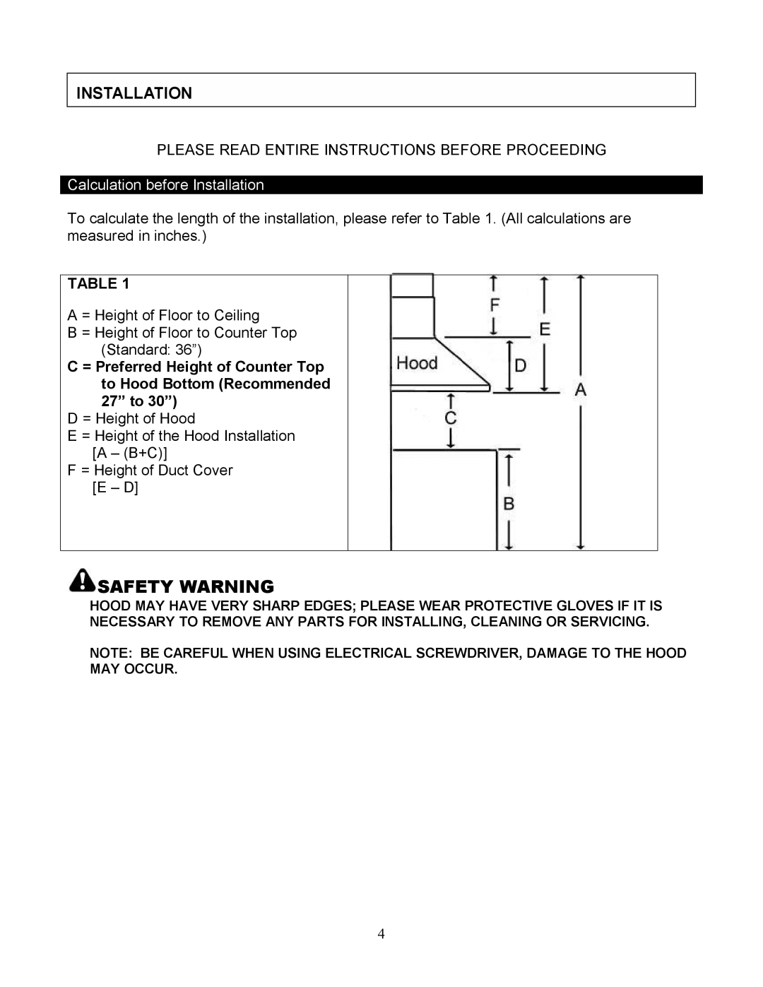 Kobe Range Hoods RA9436SQF, RA943SQB installation instructions Calculation before Installation 