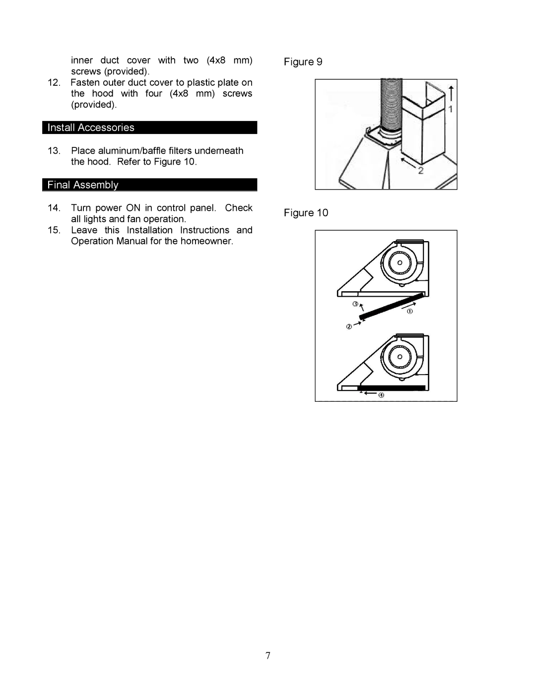 Kobe Range Hoods RA943SQB, RA9436SQF installation instructions Install Accessories, Final Assembly 