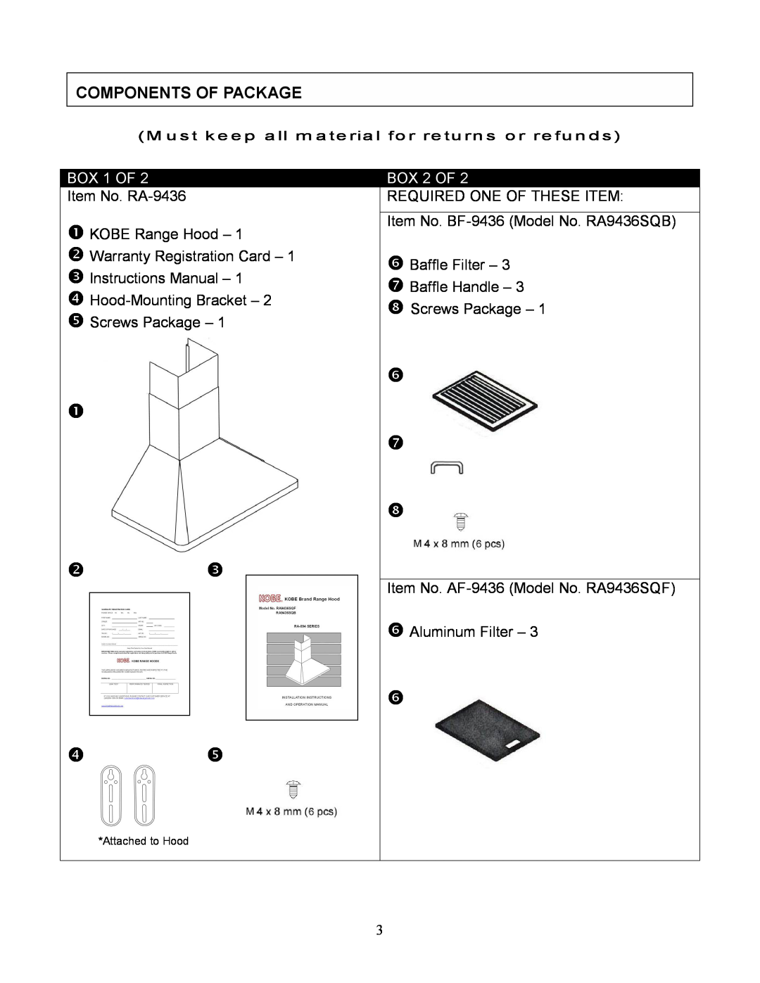 Kobe Range Hoods RA943SQB, RA9436SQF installation instructions    ,   , Components Of Package, BOX 1 OF, BOX 2 OF 