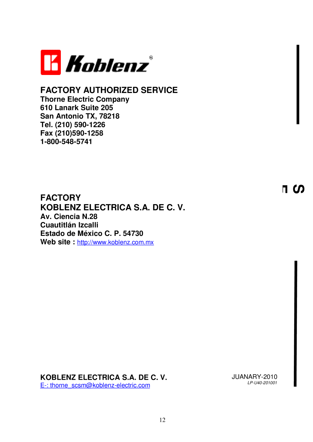 Koblenz/Thorne Electric U-40 service manual Factory Authorized Service 