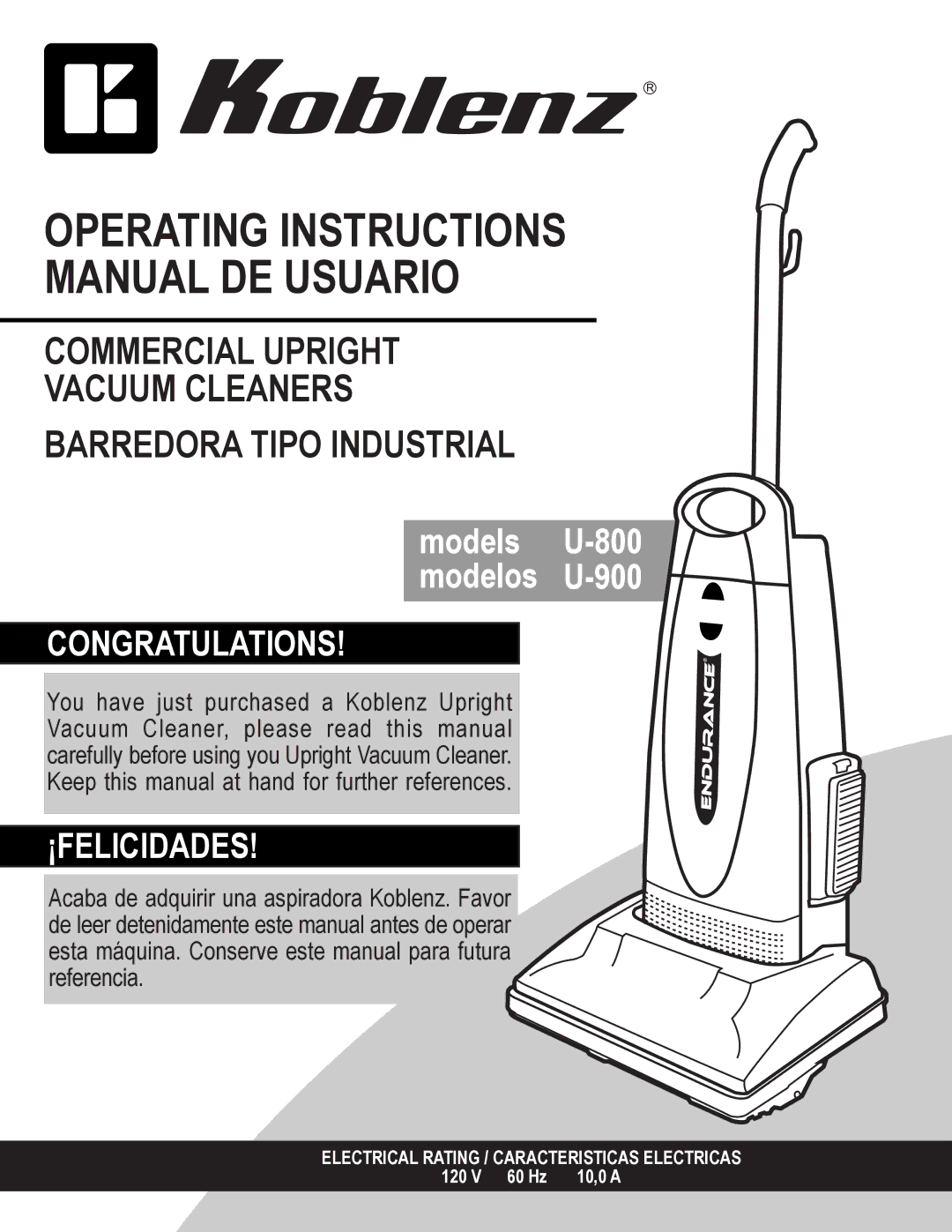 Koblenz/Thorne Electric U-800, U-900 manual Operating Instructions Manual DE Usuario 