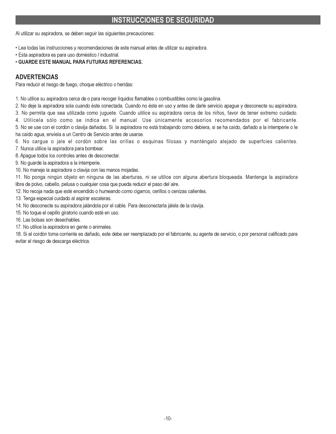 Koblenz/Thorne Electric U-900, U-800 manual Instrucciones DE Seguridad, Advertencias 