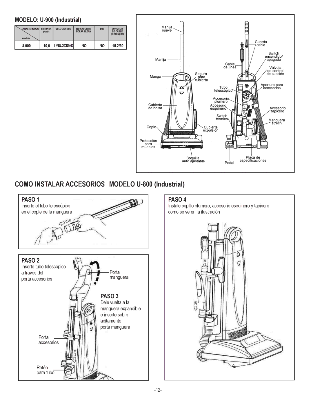 Koblenz/Thorne Electric manual Como Instalar Accesorios Modelo U-800 Industrial, Modelo U-900 Industrial 