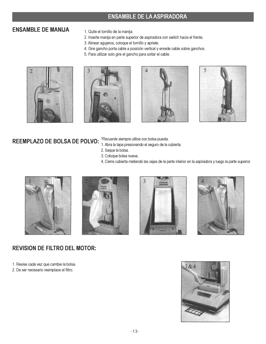 Koblenz/Thorne Electric U-800, U-900 manual Ensamble DE LA Aspiradora, Ensamble DE Manija, Revision DE Filtro DEL Motor 