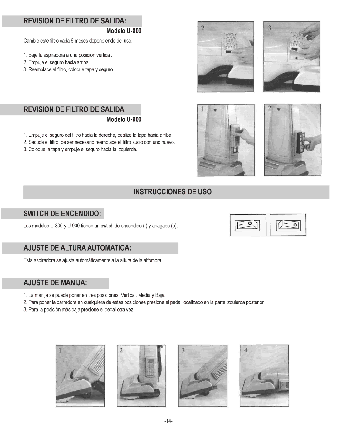 Koblenz/Thorne Electric U-900 Revision DE Filtro DE Salida, Instrucciones DE USO Switch DE Encendido, Ajuste DE Manija 