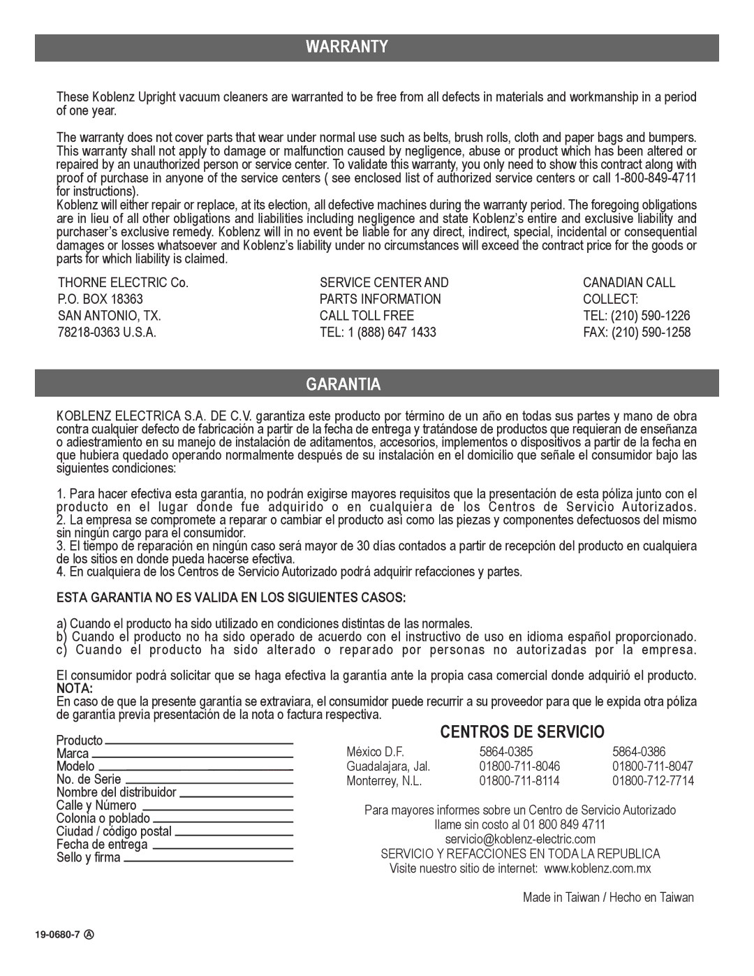 Koblenz/Thorne Electric U-900, U-800 manual Warranty, Garantia, Centros DE Servicio 