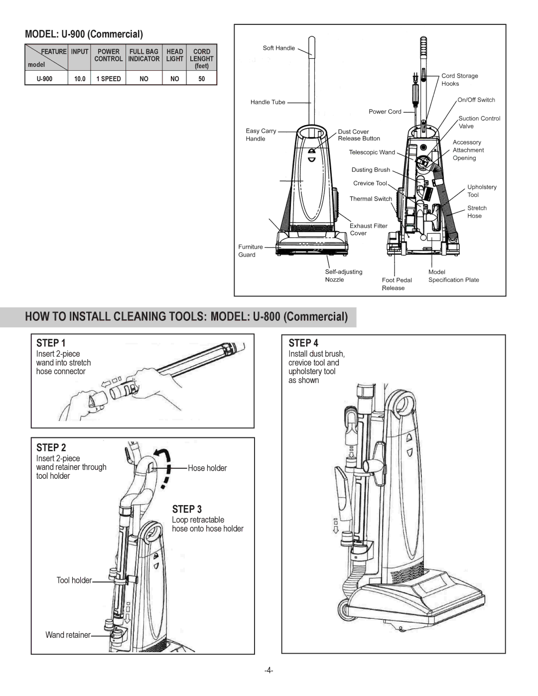 Koblenz/Thorne Electric manual HOW to Install Cleaning Tools Model U-800 Commercial, Model U-900 Commercial 