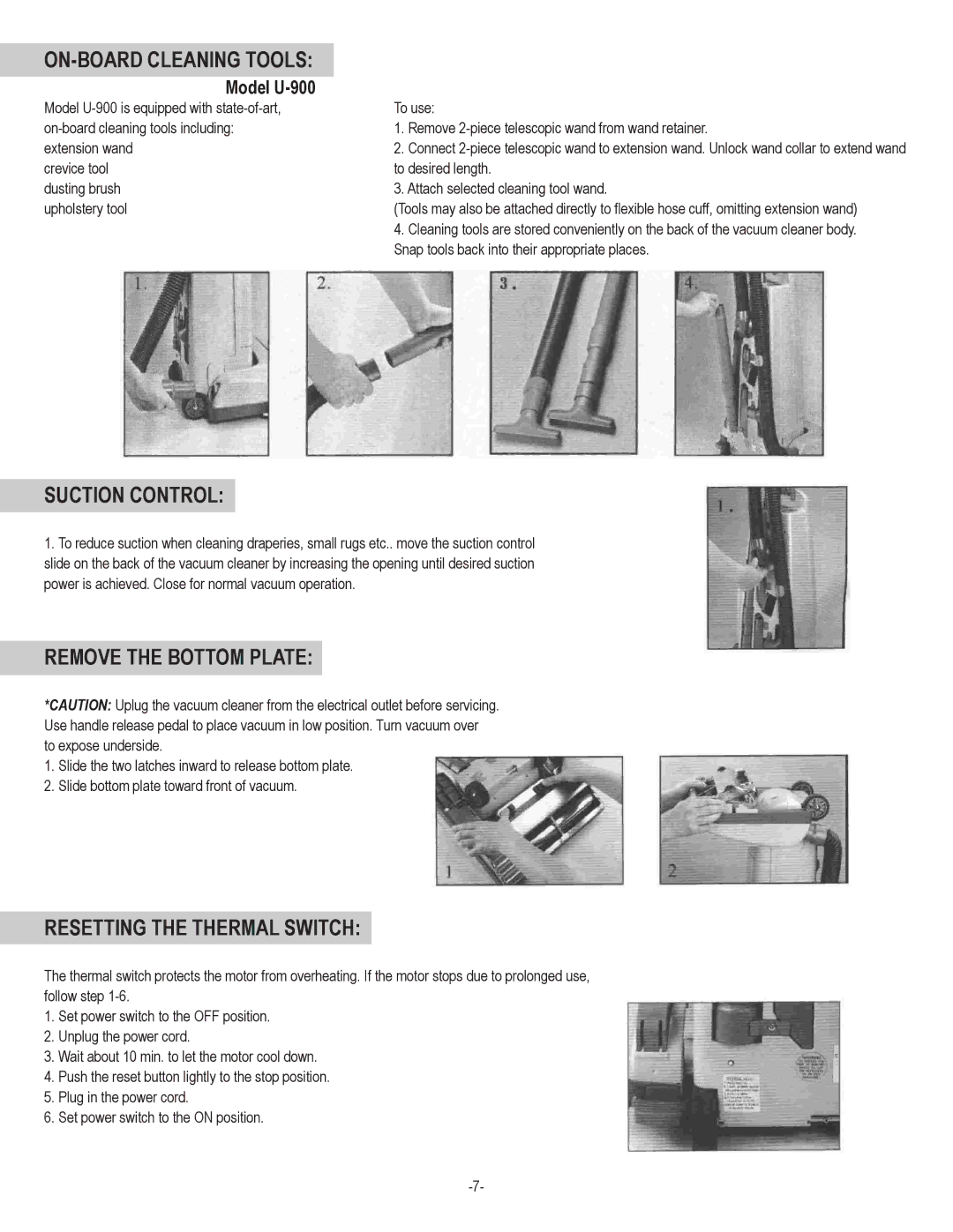 Koblenz/Thorne Electric U-800, U-900 manual ON-BOARD Cleaning Tools, Suction Control, Remove the Bottom Plate 