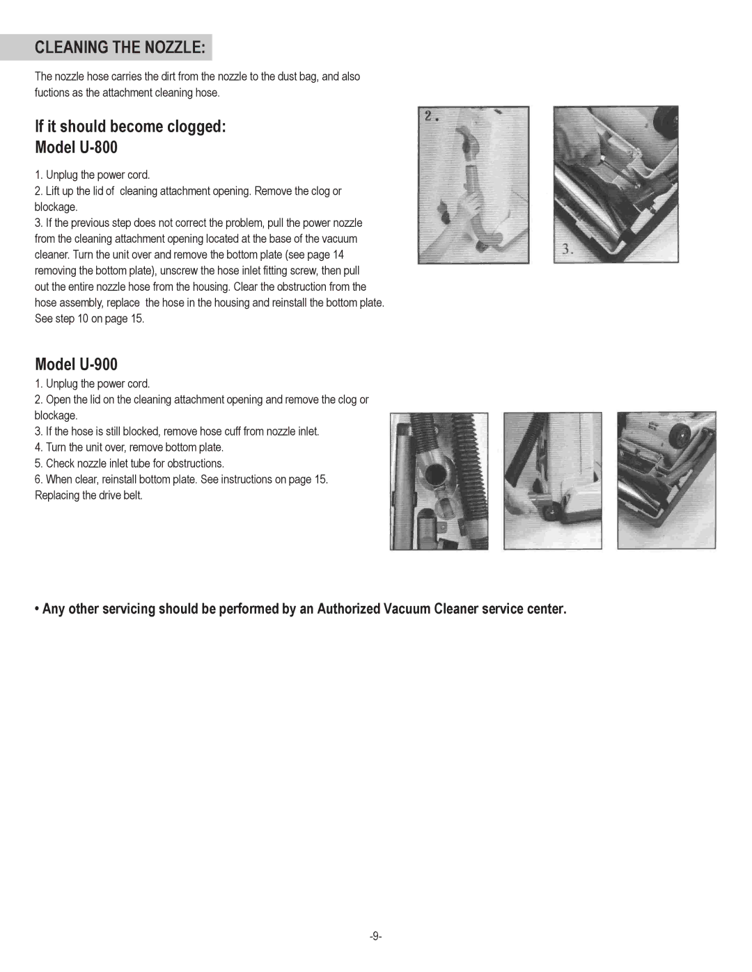 Koblenz/Thorne Electric manual Cleaning the Nozzle, If it should become clogged Model U-800, Model U-900 