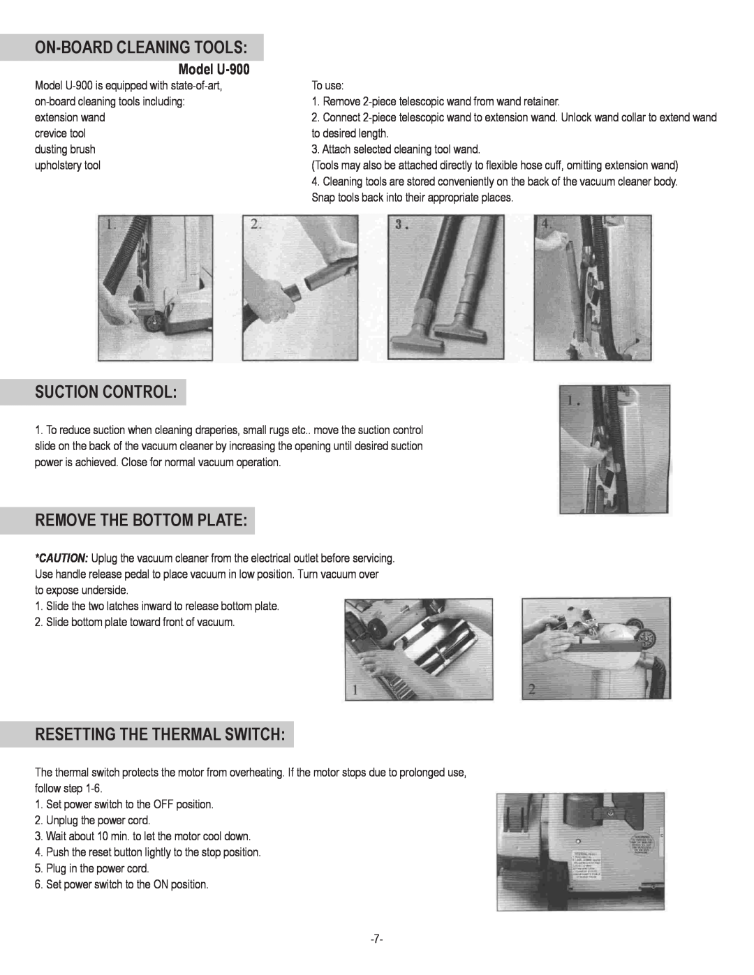 Koblenz/Thorne Electric U-800 manual On-Boardcleaning Tools, Suction Control, Remove The Bottom Plate, Model U-900 