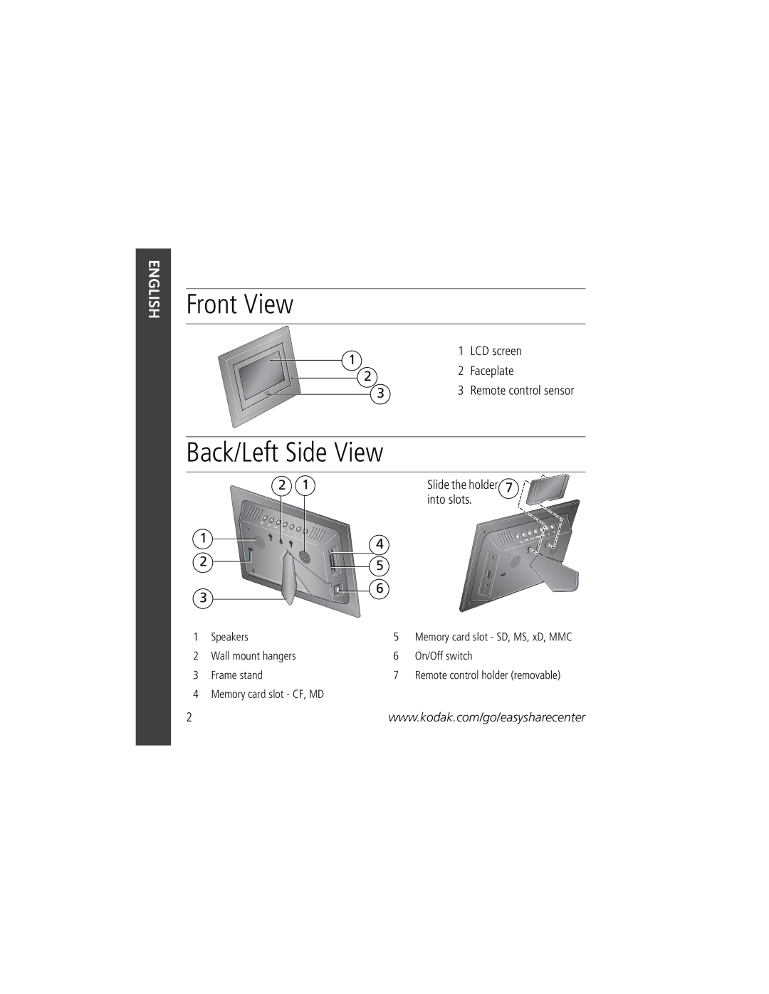 Kodak 1 manual Front View, Back/Left Side View 