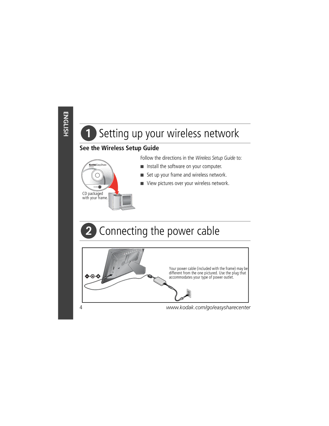 Kodak 1 manual Setting up your wireless network, Connecting the power cable, See the Wireless Setup Guide 