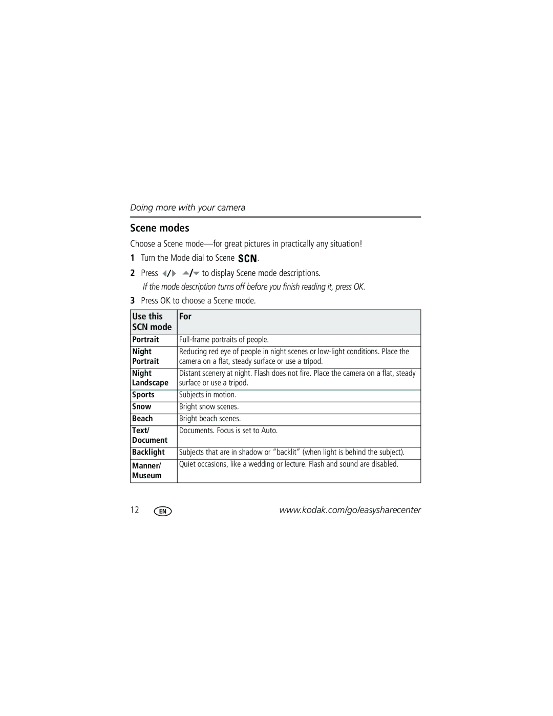 Kodak 1 manual Scene modes, Use this For 