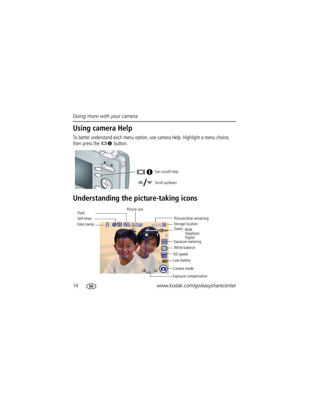 Kodak 1 manual Using camera Help, Understanding the picture-taking icons 