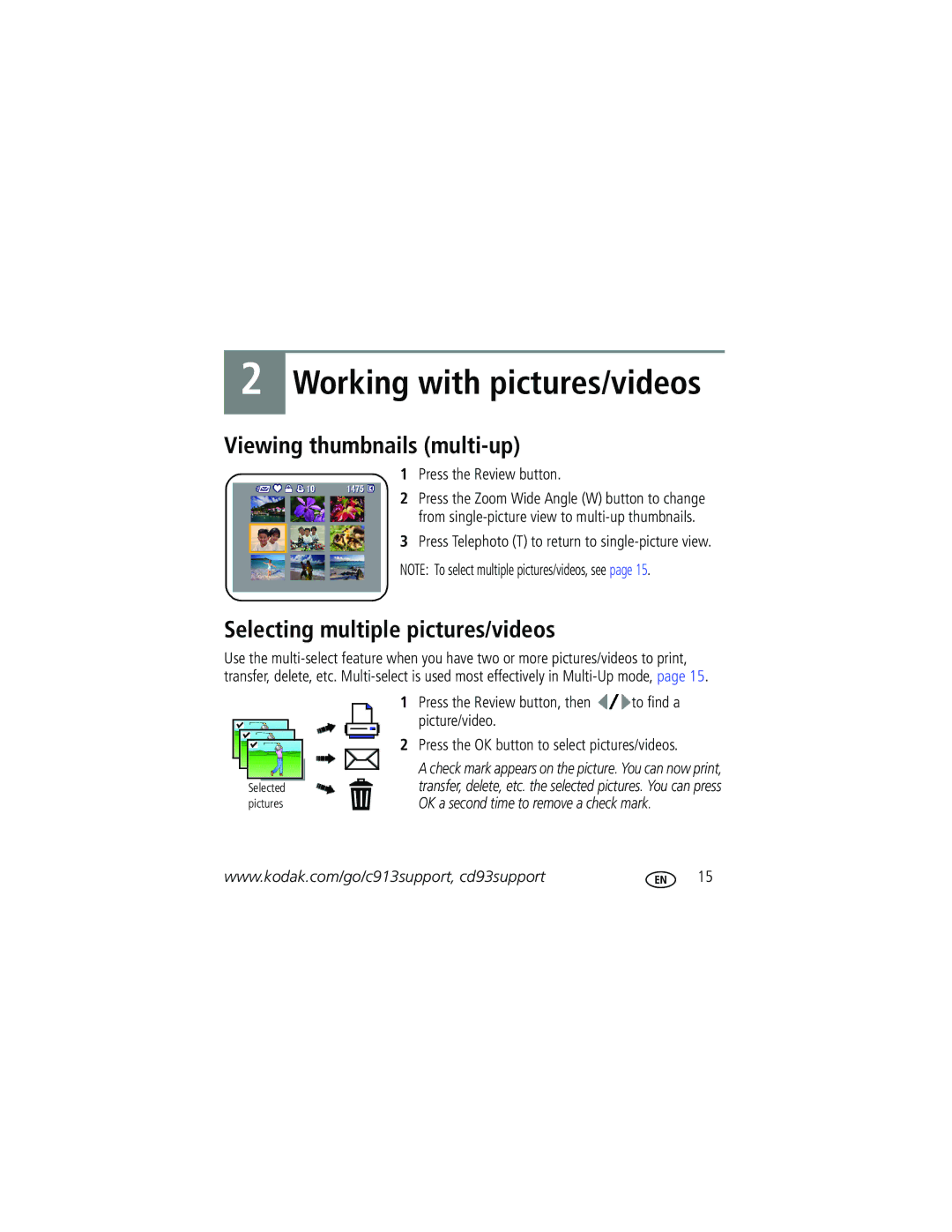 Kodak 1 manual Viewing thumbnails multi-up, Selecting multiple pictures/videos 