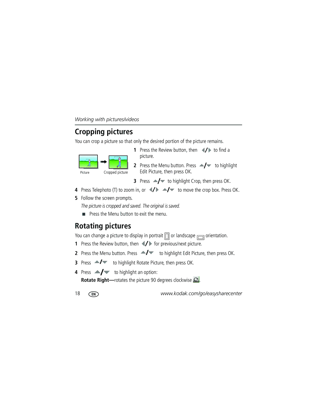 Kodak 1 manual Cropping pictures, Rotating pictures 
