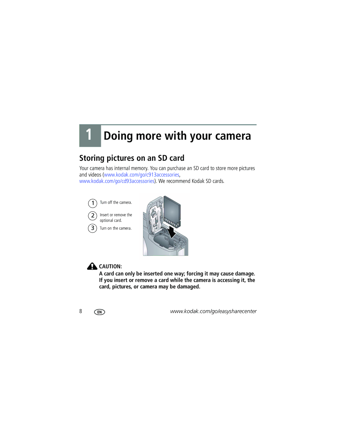 Kodak 1 manual Doing more with your camera, Storing pictures on an SD card 