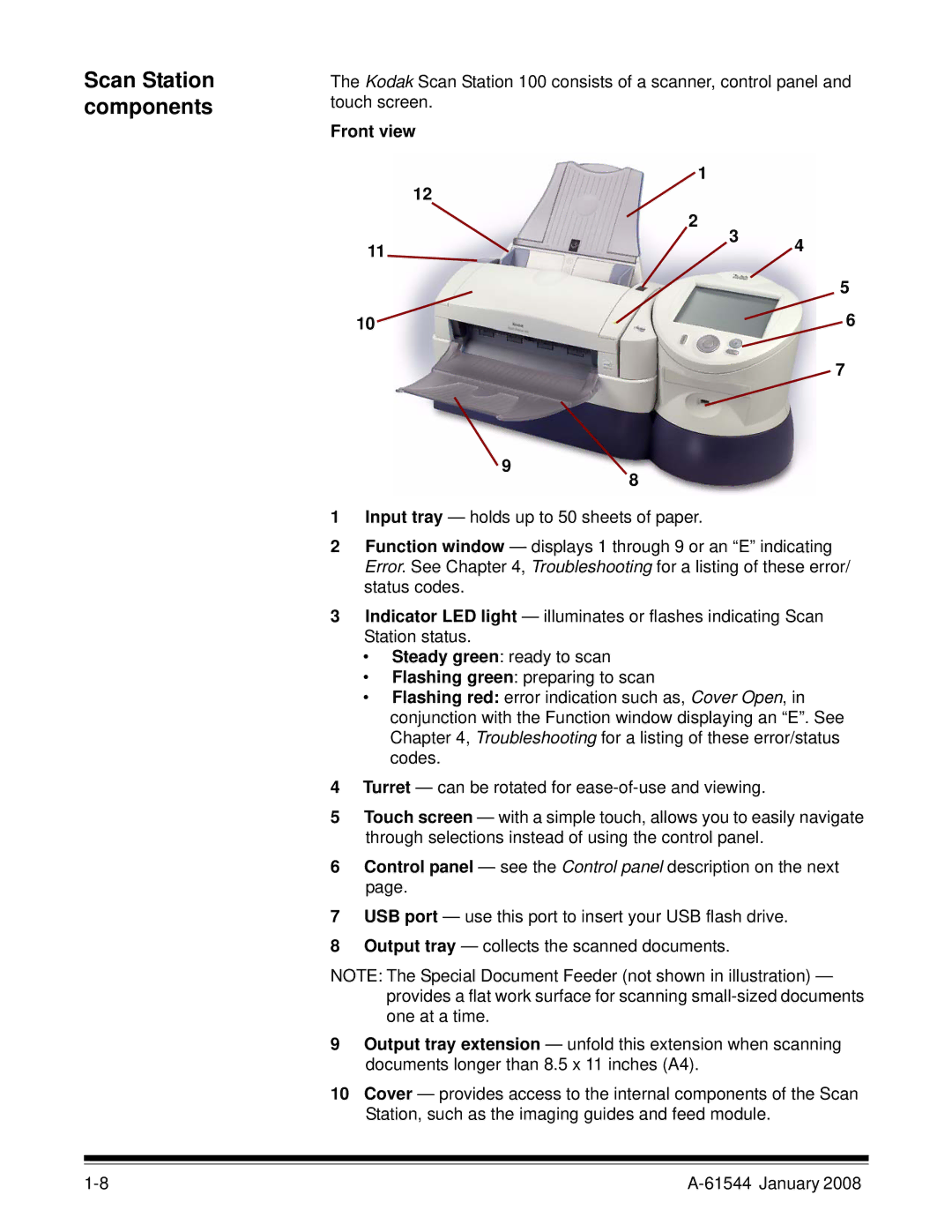 Kodak 100/120EX manual Scan Station components, Front view 