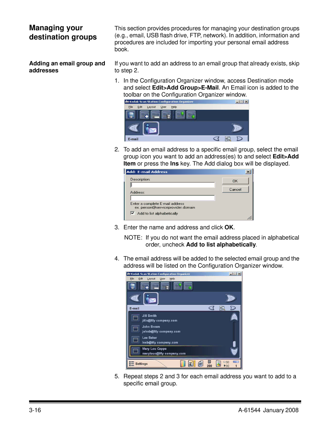 Kodak 100/120EX manual Managing your destination groups, Adding an email group and addresses 