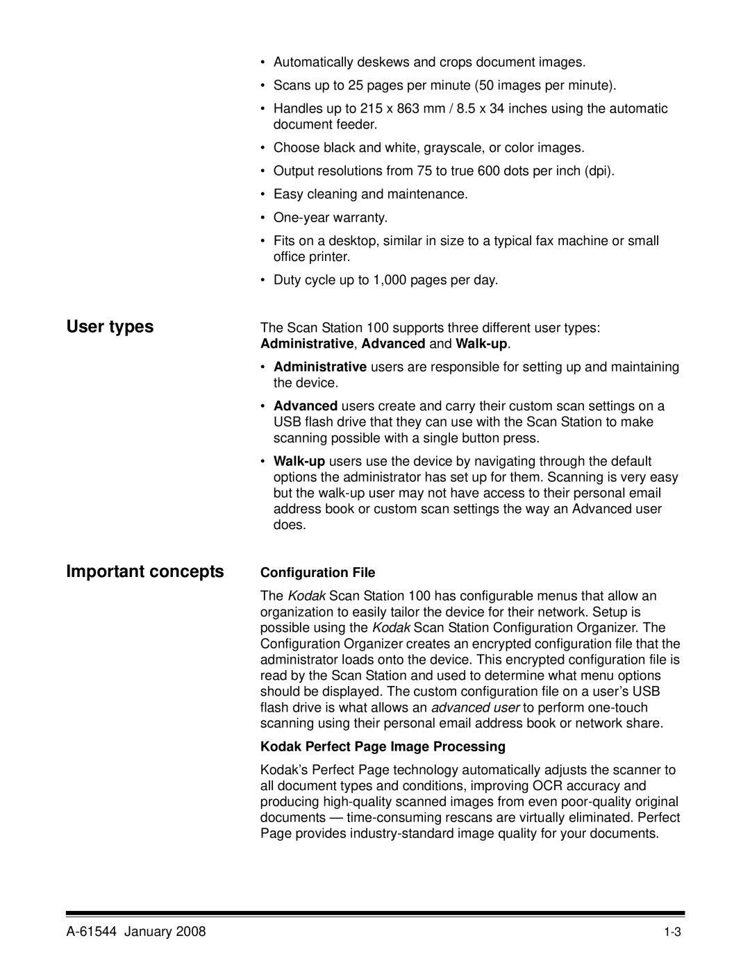 Kodak 100/120EX manual User types Important concepts, Configuration File, Kodak Perfect Page Image Processing 