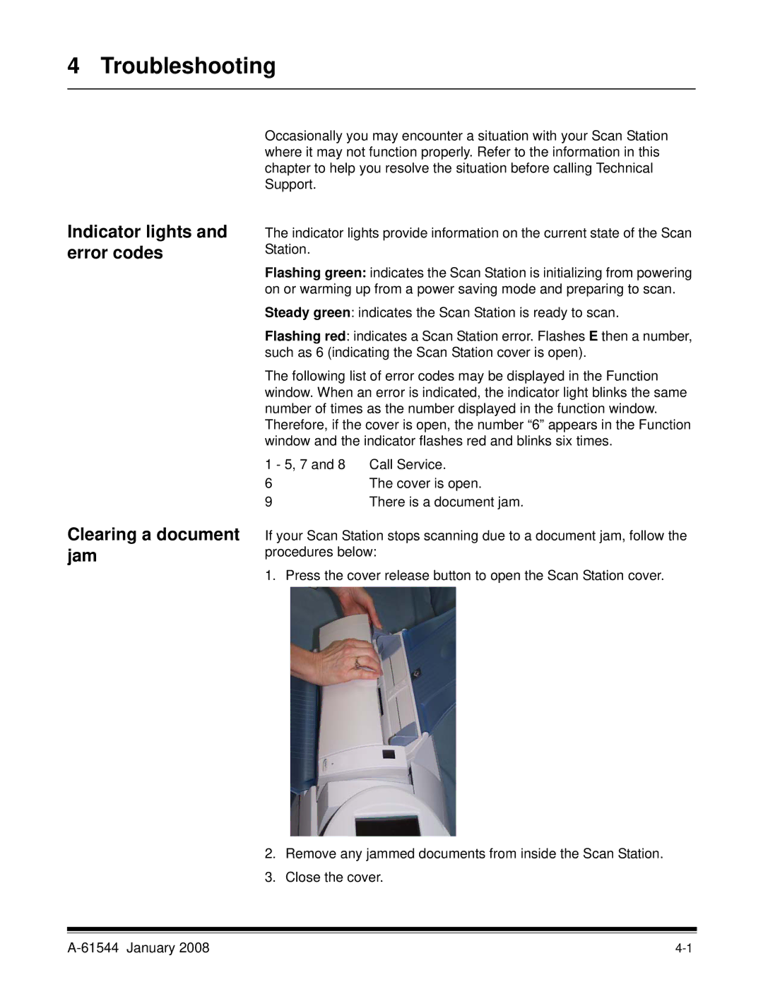 Kodak 100/120EX manual Troubleshooting, Indicator lights and error codes Clearing a document jam 