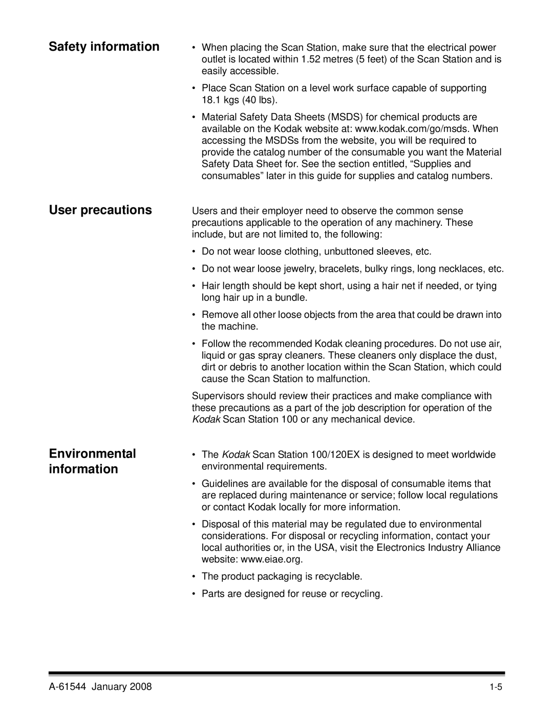 Kodak 100/120EX manual Safety information User precautions, Environmental information 