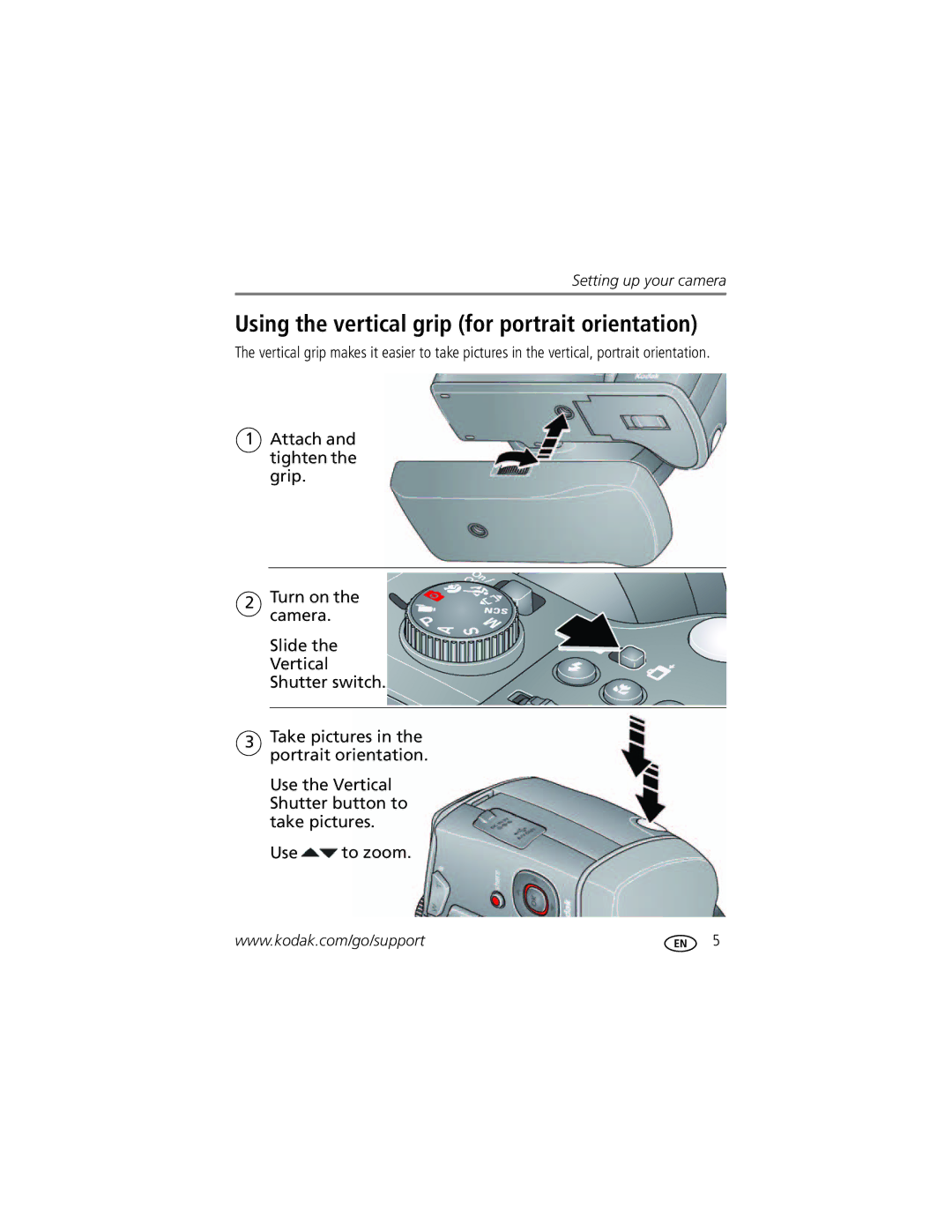 Kodak 1020304 manual Using the vertical grip for portrait orientation 