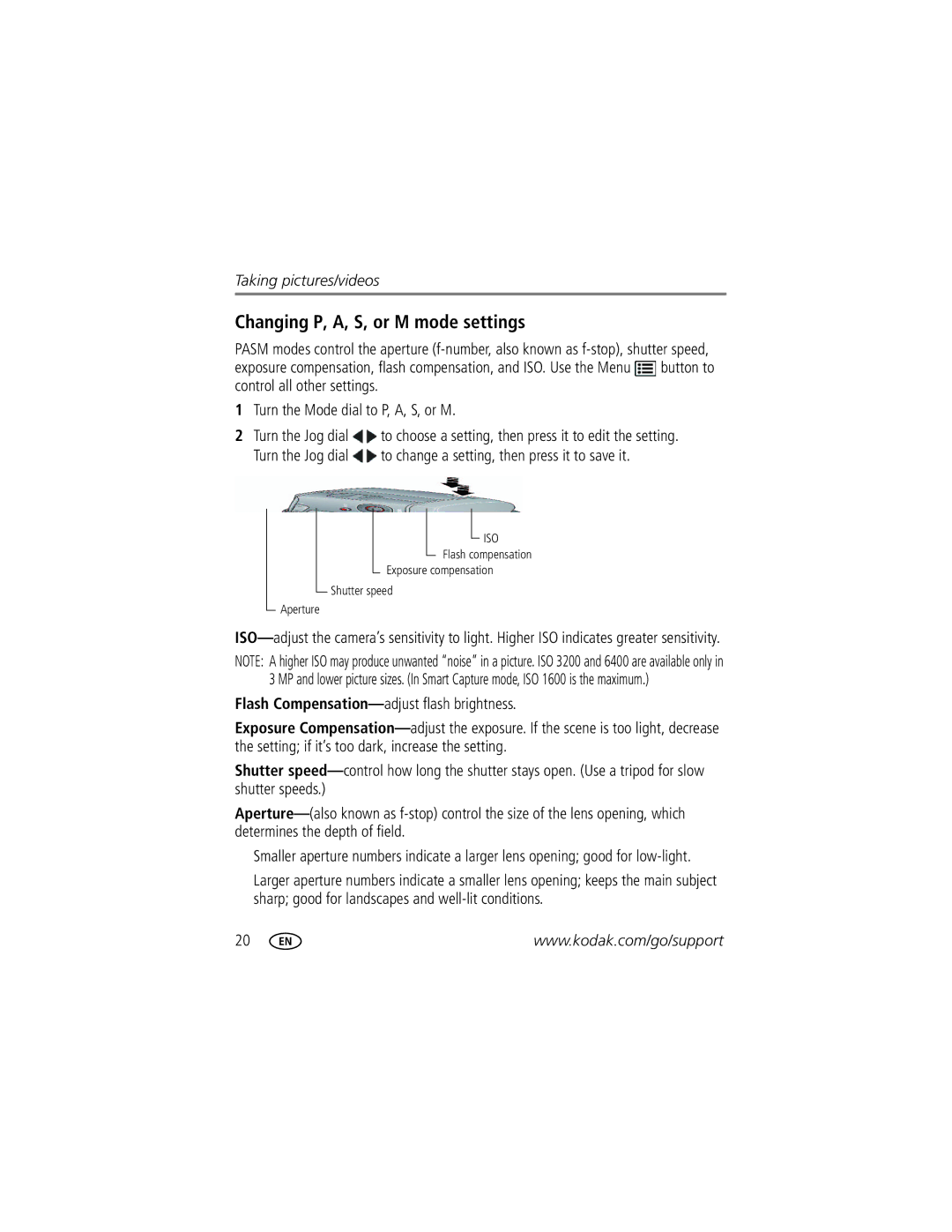 Kodak 1020304 manual Changing P, A, S, or M mode settings 