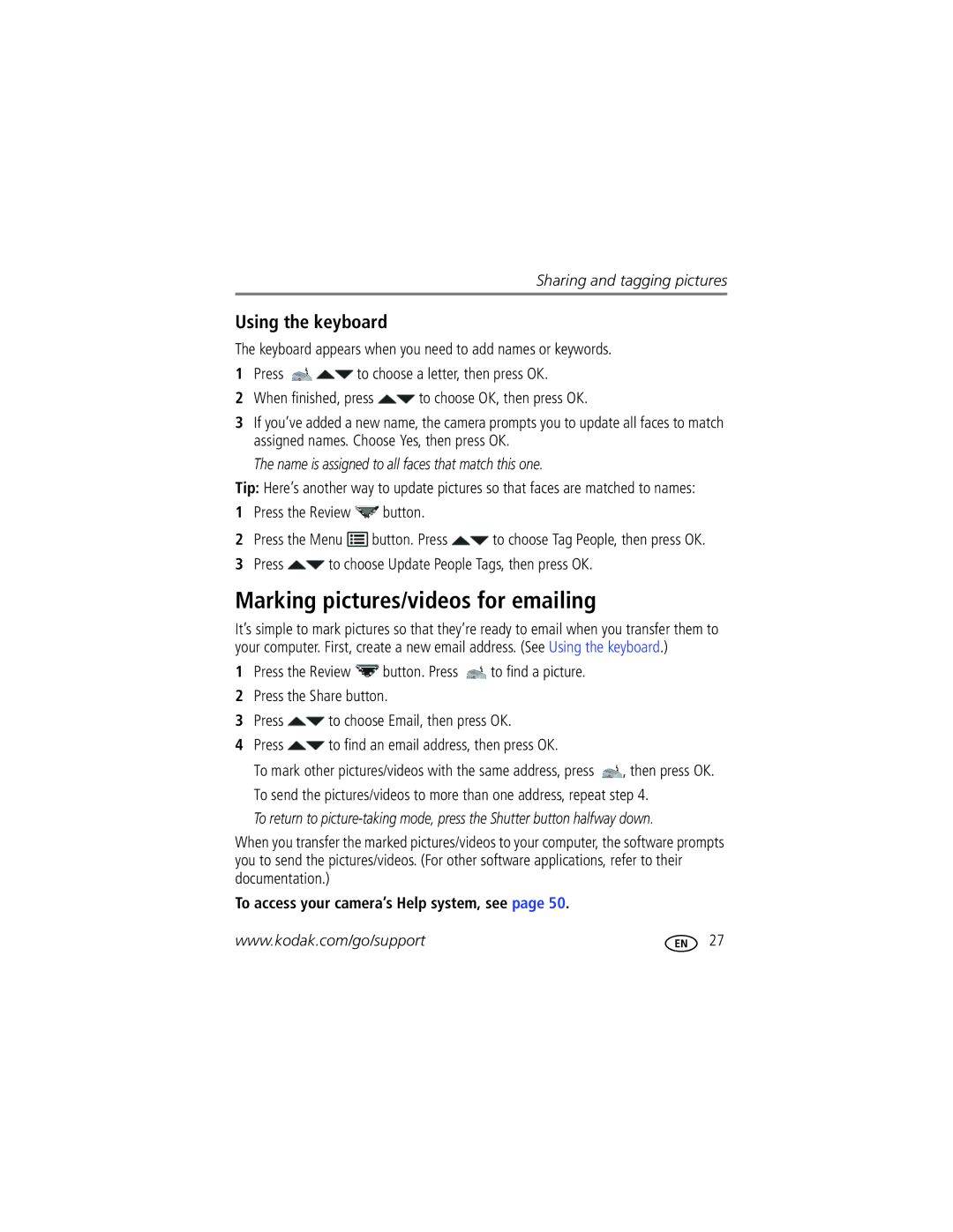 Kodak 1020304 Marking pictures/videos for emailing, Using the keyboard, Press to choose Update People Tags, then press OK 