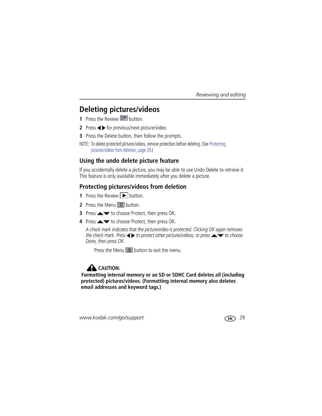 Kodak 1020304 Deleting pictures/videos, Using the undo delete picture feature, Protecting pictures/videos from deletion 