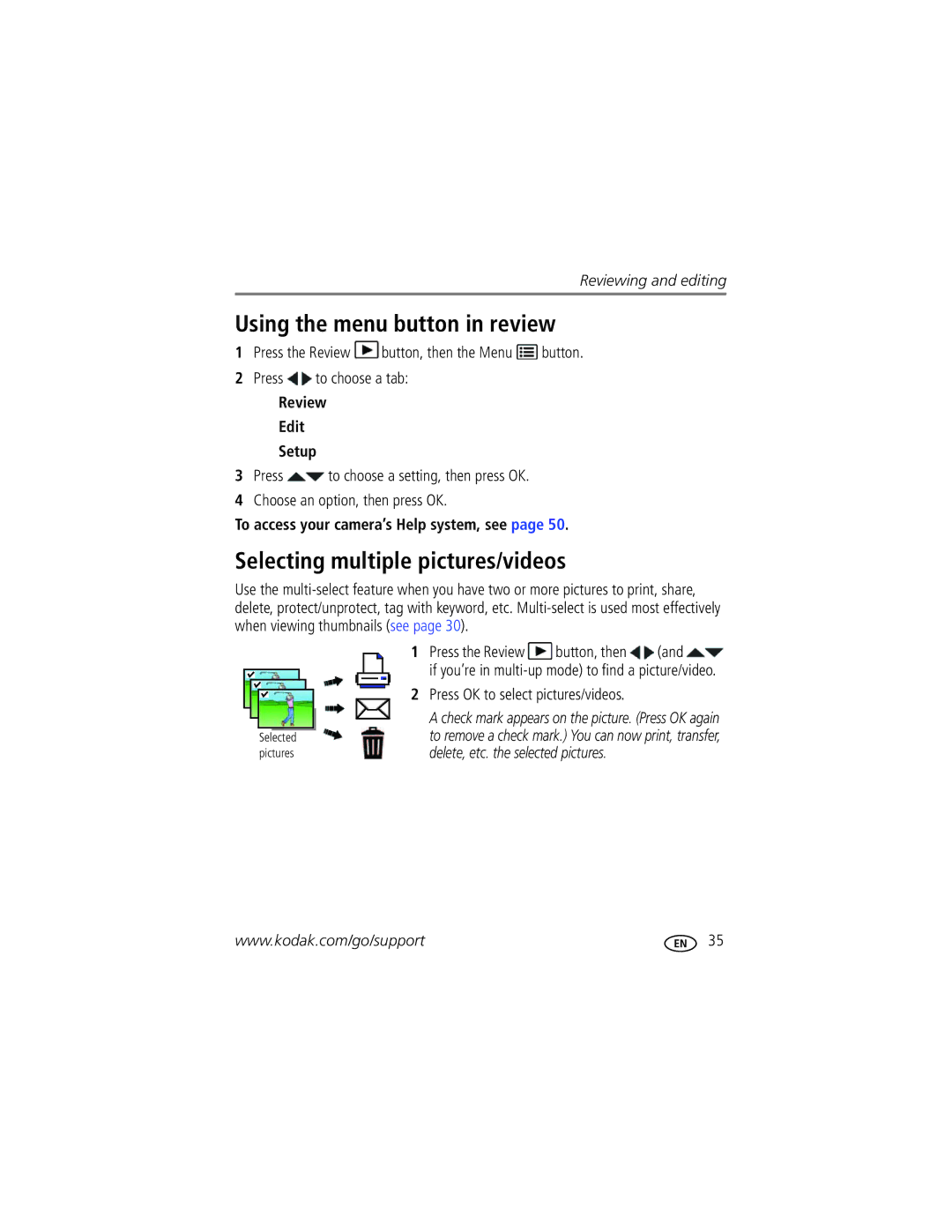 Kodak 1020304 manual Using the menu button in review, Selecting multiple pictures/videos, Review Edit Setup 