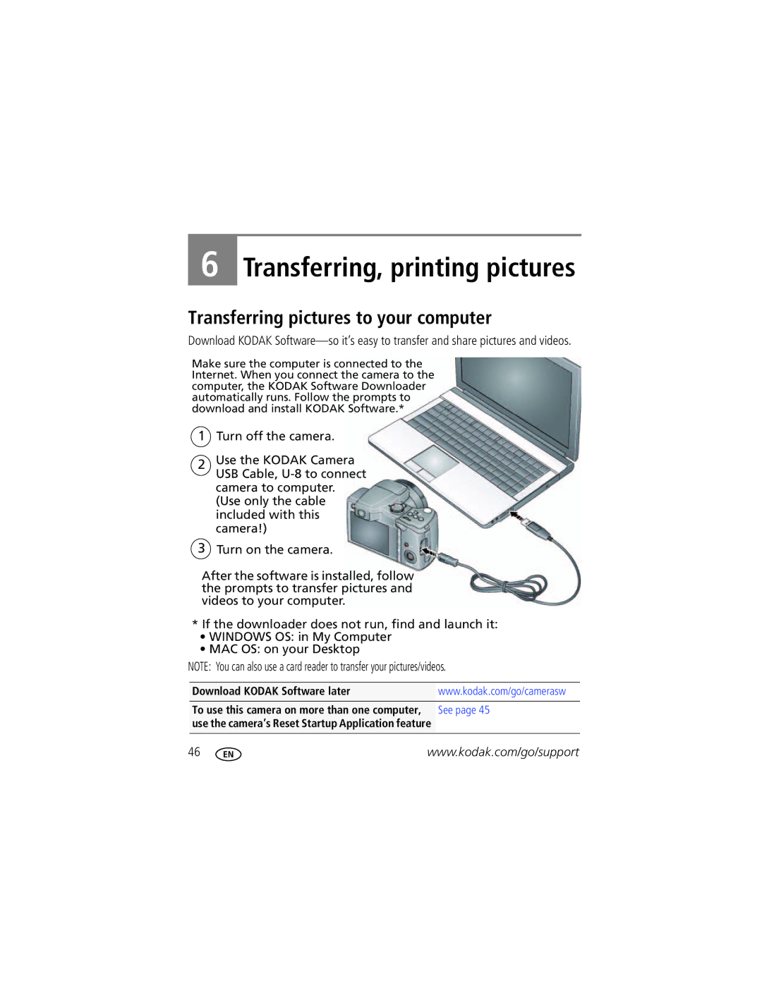 Kodak 1020304 manual Transferring pictures to your computer, Download Kodak Software later 