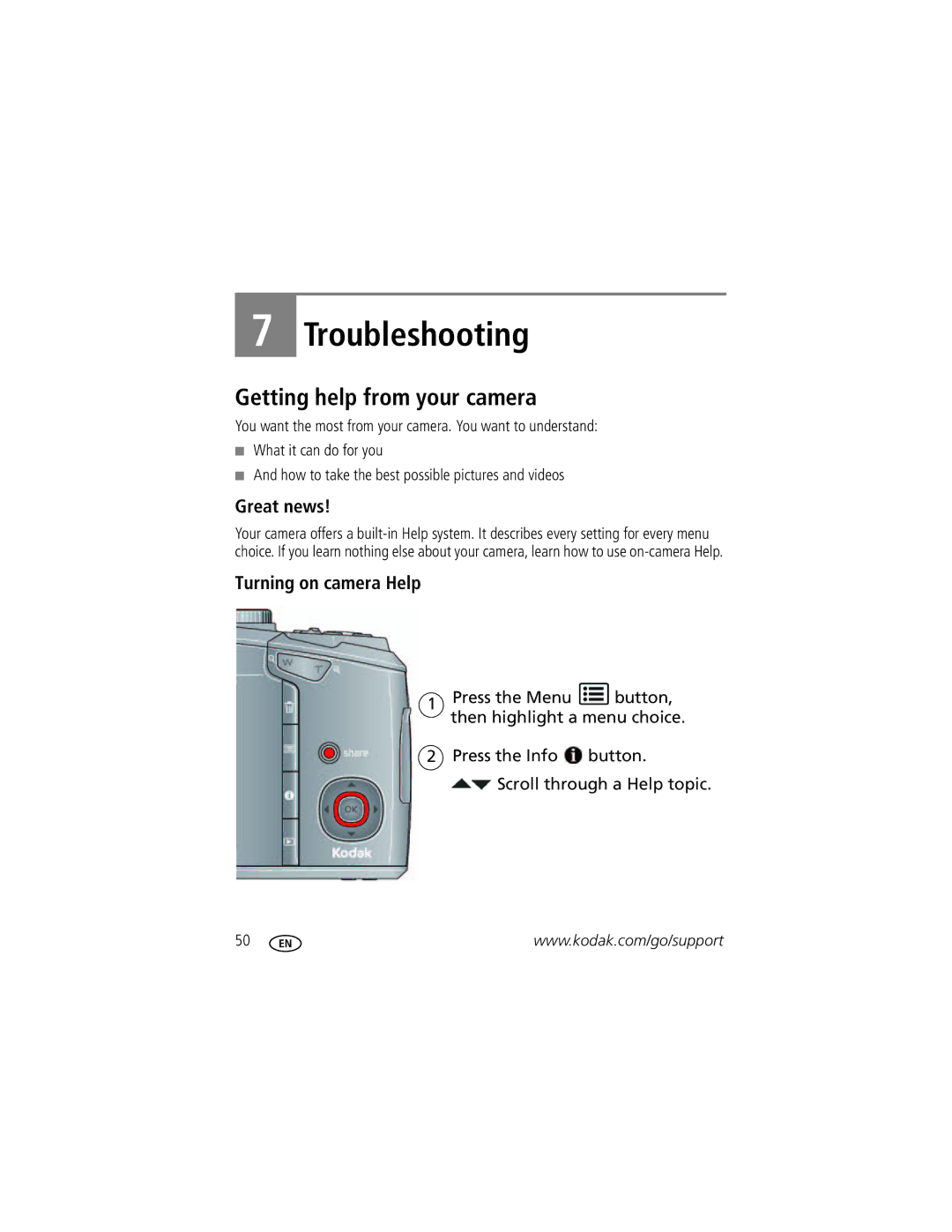 Kodak 1020304 manual Getting help from your camera, Great news, Turning on camera Help 