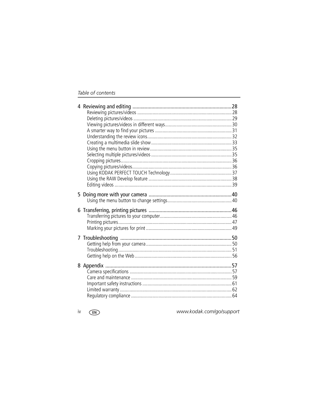 Kodak 1020304 manual Table of contents 