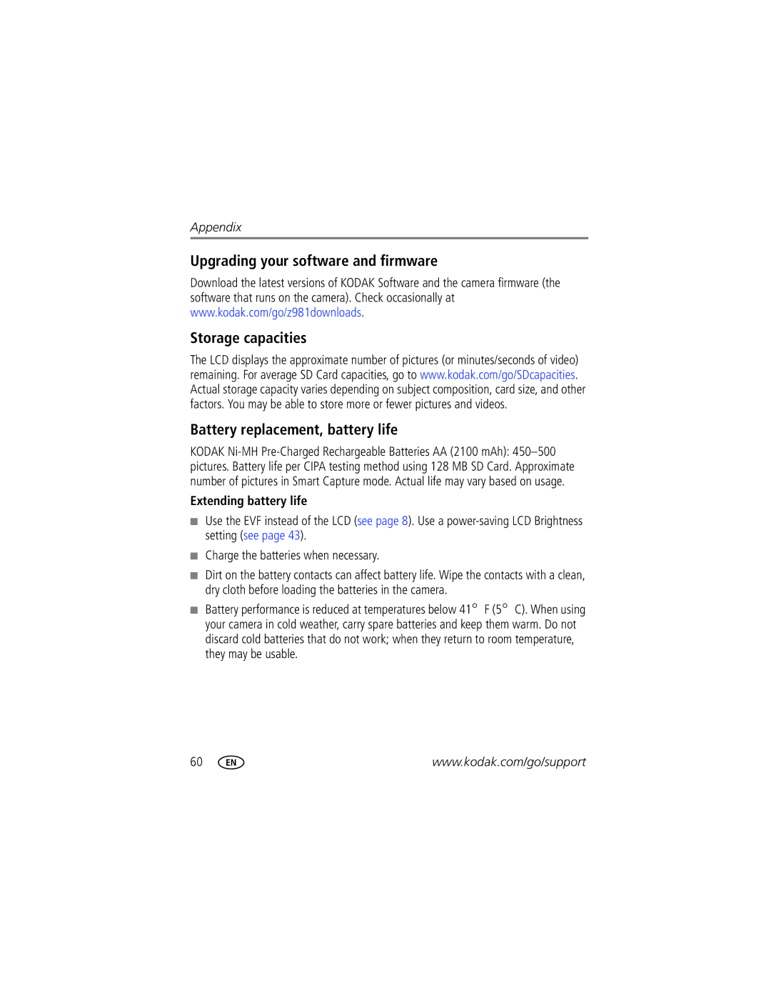 Kodak 1020304 manual Extending battery life 