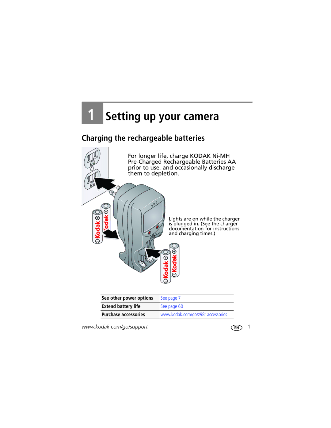 Kodak 1020304 Charging the rechargeable batteries, See other power options, Extend battery life, Purchase accessories 