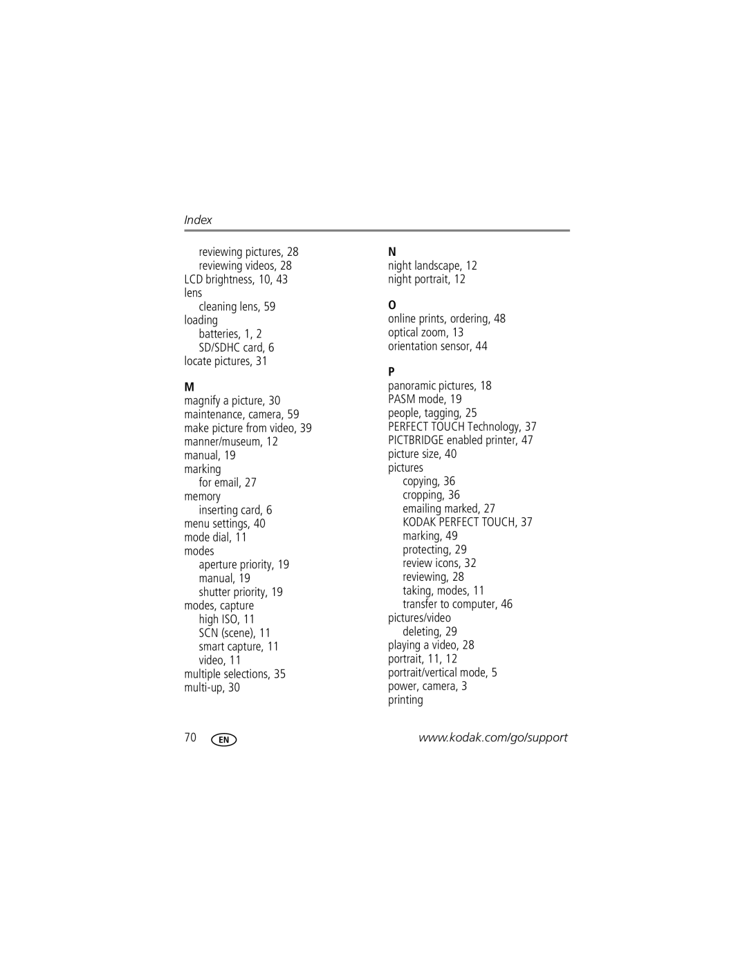 Kodak 1020304 manual LCD brightness, 10, 43 lens Cleaning lens, 59 loading, Locate pictures, Marking For email, 27 memory 