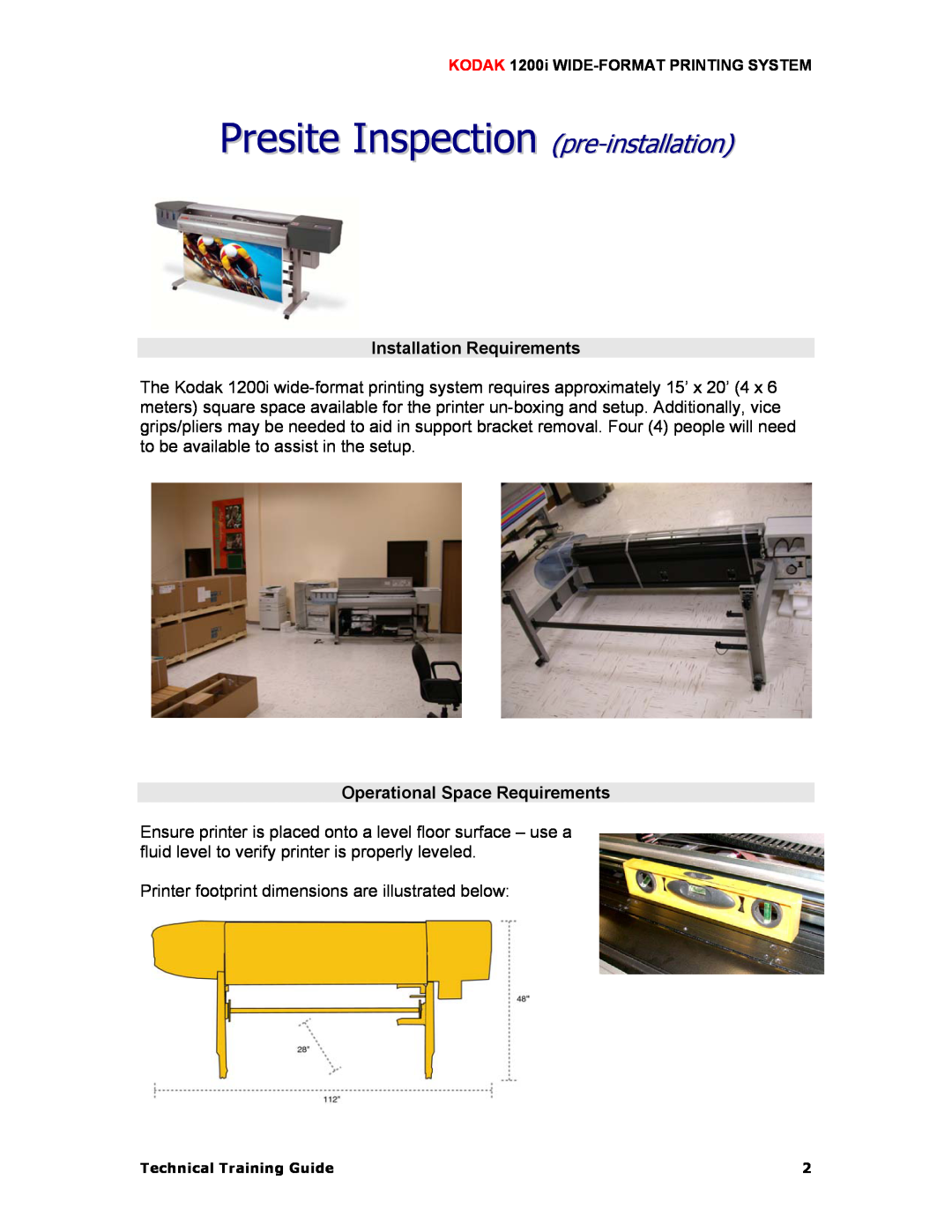 Kodak 1200I manual Presite Inspection pre-installation, Installation Requirements, Operational Space Requirements 