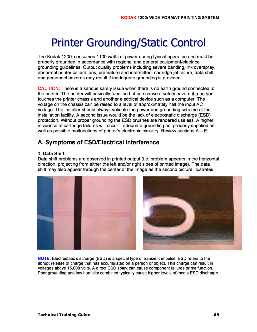 Kodak 1200I manual Printer Grounding/Static Control, A. Symptoms of ESD/Electrical Interference 