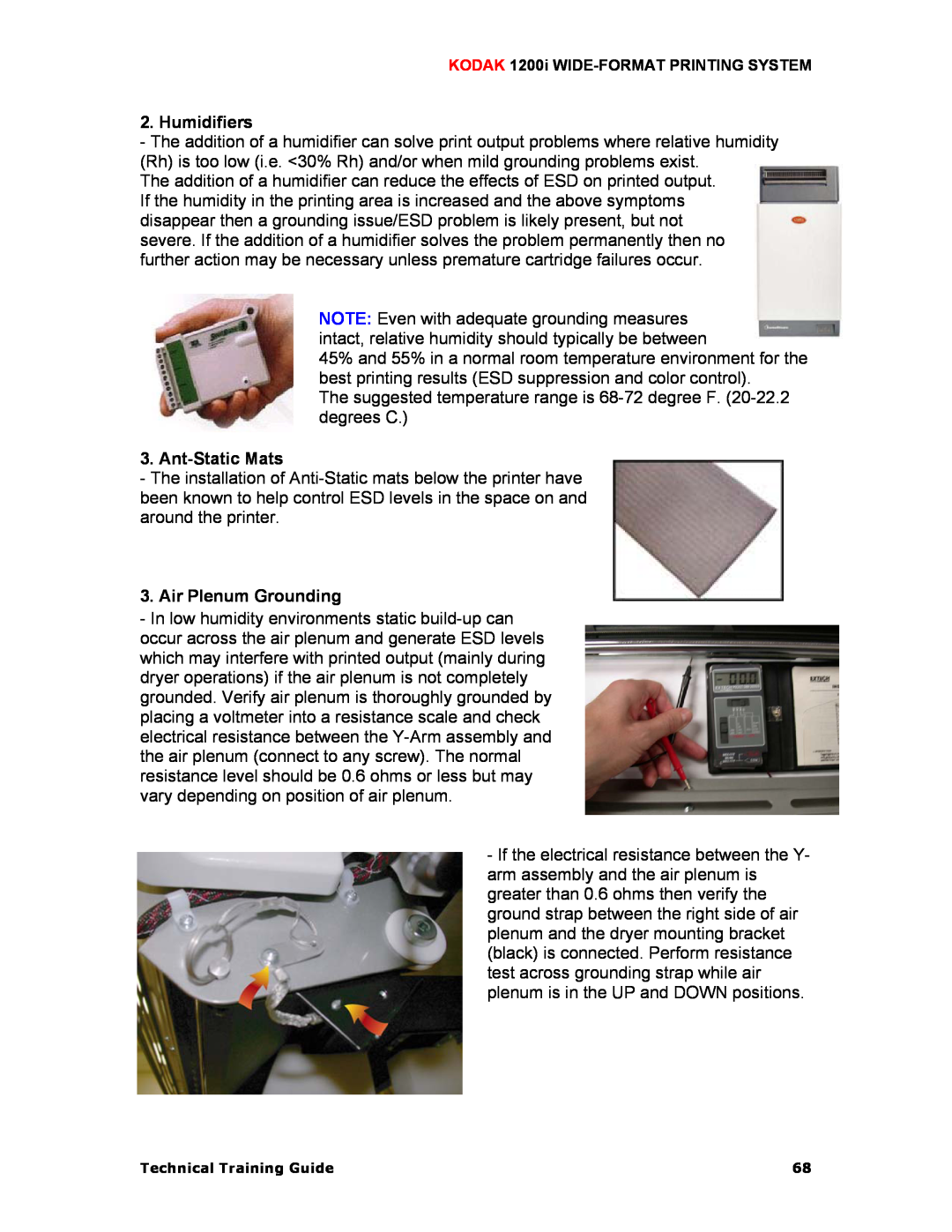 Kodak 1200I manual Humidifiers, Ant-StaticMats, Air Plenum Grounding, Technical Training Guide 
