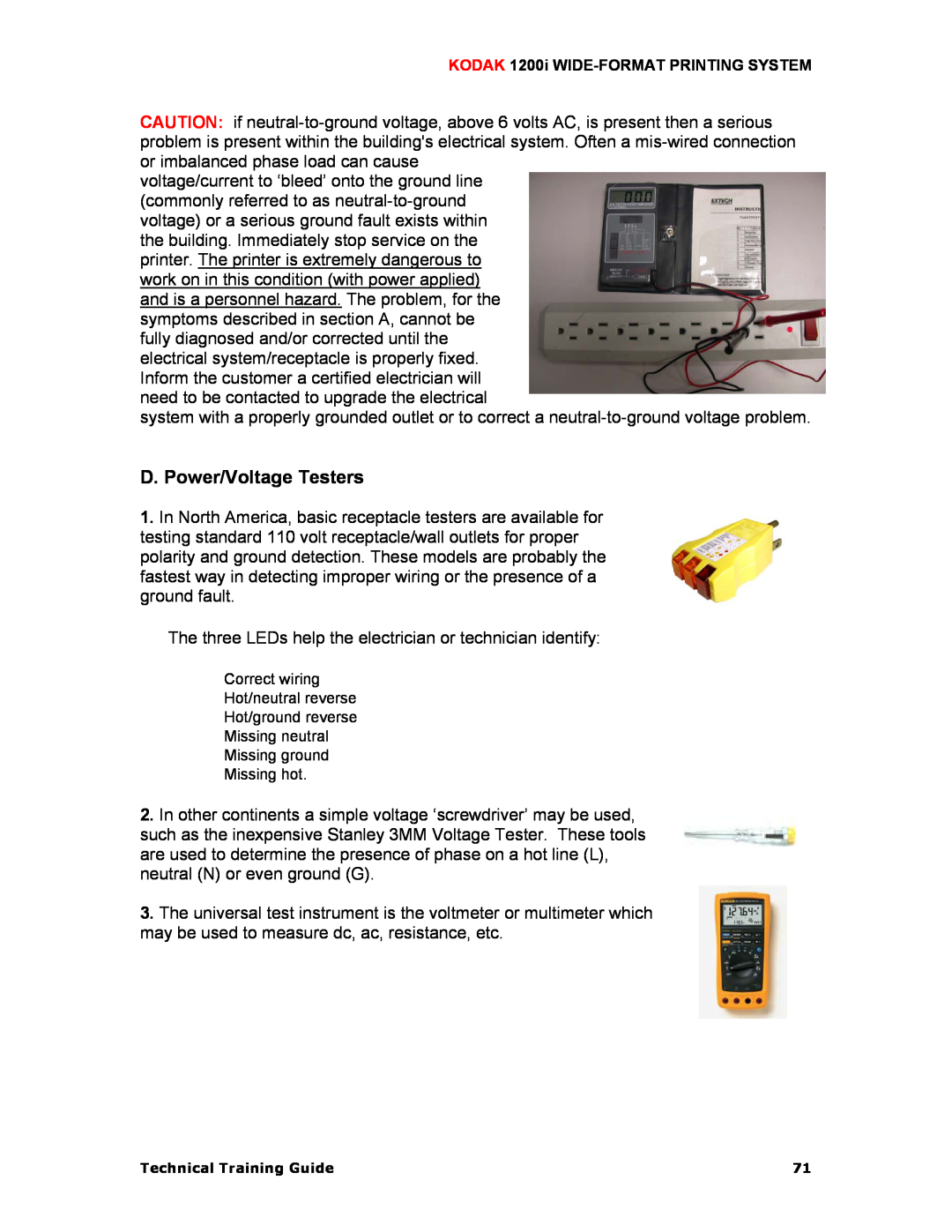 Kodak 1200I manual D. Power/Voltage Testers, Correct wiring Hot/neutral reverse, Missing hot 