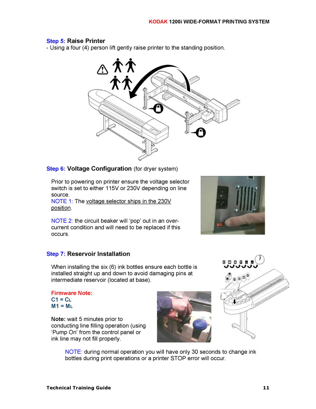 Kodak 1200I manual Raise Printer, Voltage Configuration for dryer system, Reservoir Installation 