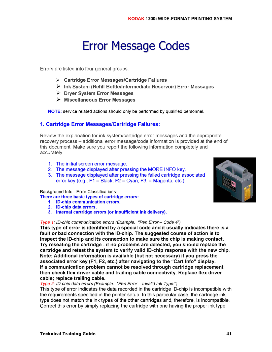 Kodak 1200I manual Error Message Codes, Cartridge Error Messages/Cartridge Failures 