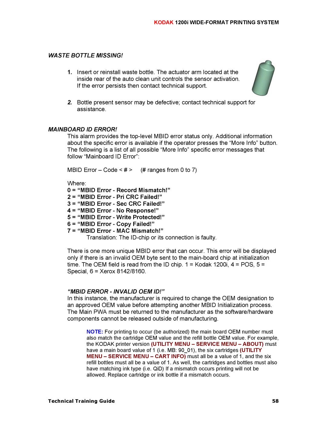 Kodak 1200I manual Waste Bottle Missing, Mainboard ID Error, Mbid Error Invalid OEM ID 