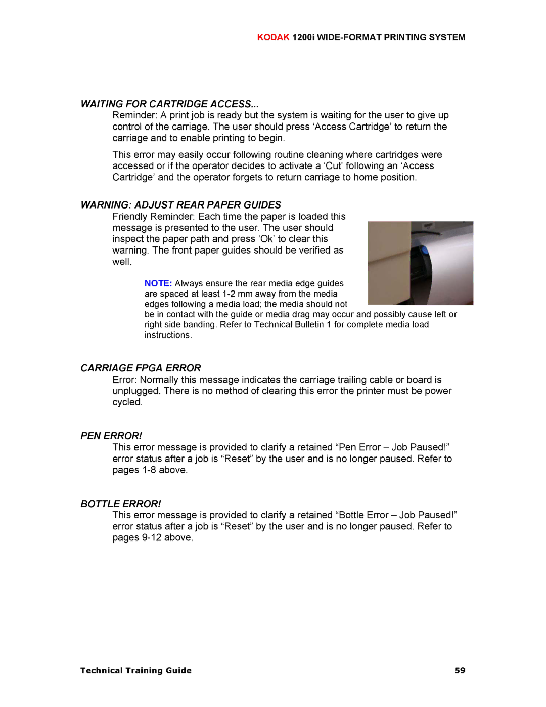 Kodak 1200I manual Waiting for Cartridge Access, Carriage Fpga Error, PEN Error, Bottle Error 