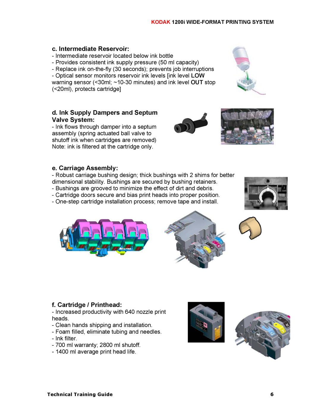 Kodak 1200I Intermediate Reservoir, Ink Supply Dampers and Septum Valve System, Carriage Assembly, Cartridge / Printhead 