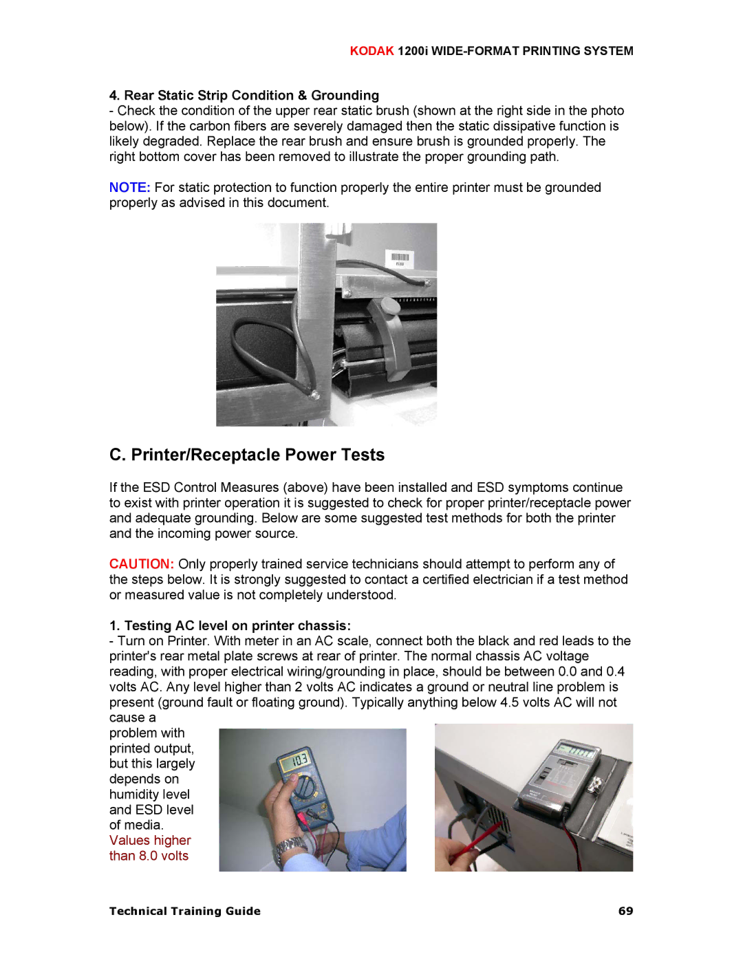 Kodak 1200I manual Rear Static Strip Condition & Grounding, Testing AC level on printer chassis 